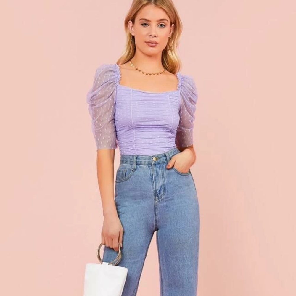 Lavender Ruched Mesh Boho Top - Picture 4 of 5